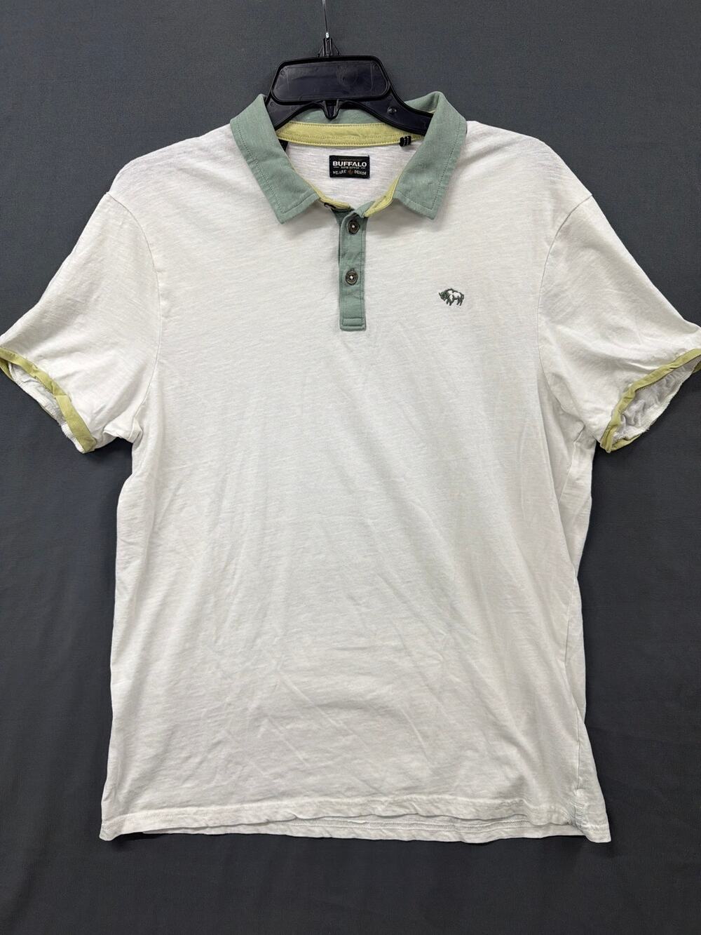 Buffalo David Bitton Mens L Polo Shirt White Green Short Sleeve Logo Casual